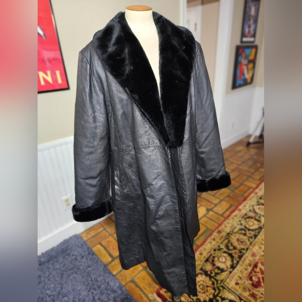 VTG Y2K KC Collections Leather Faux Fur Coat Size 18W